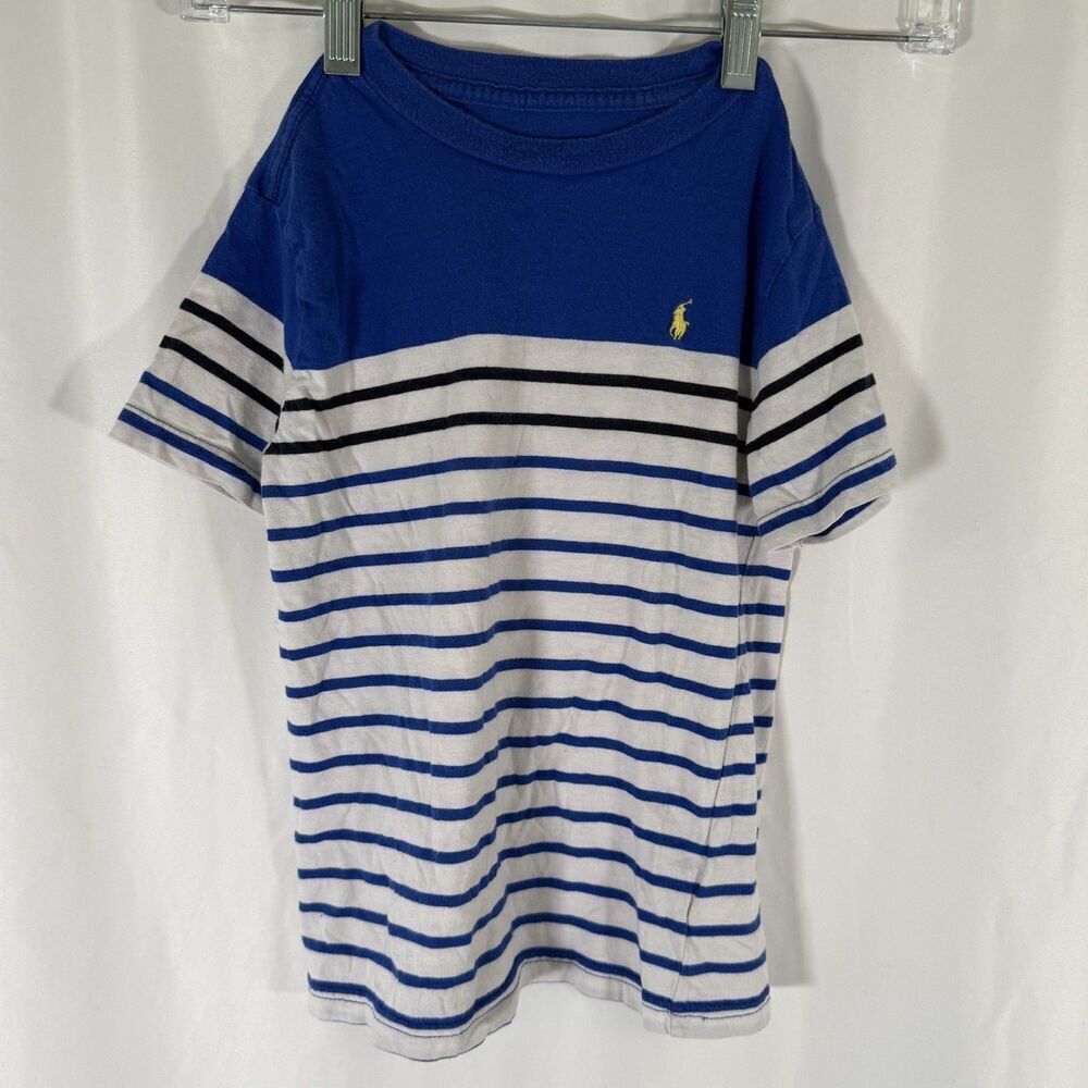 Polo Ralph Lauren Shirt Boy's 6 120 Blue White Striped Short Sleeve Crew Nec
